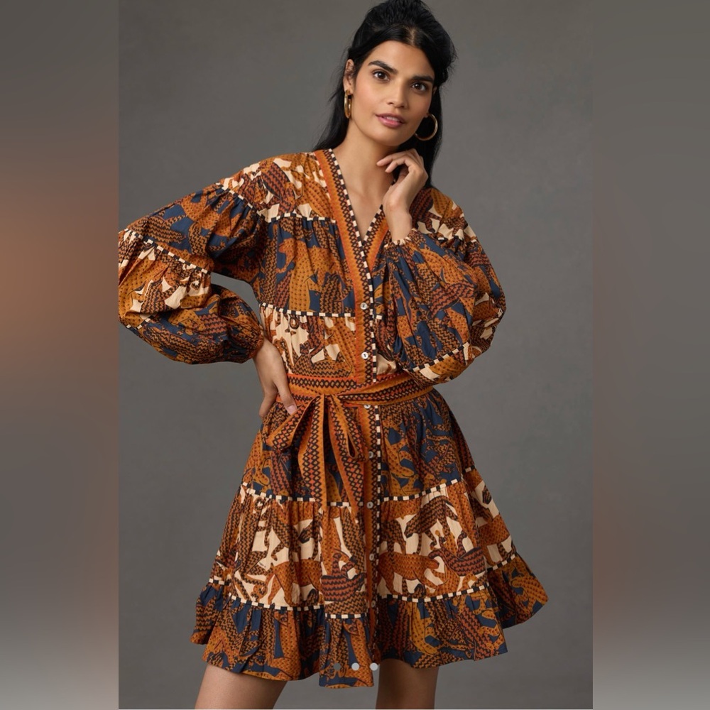 Farm Rio Long-Sleeve V-Neck Printed Mini Dress